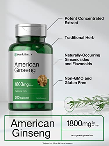 American Ginseng Capsules | 1800 mg | 200 Count | by Horbaach