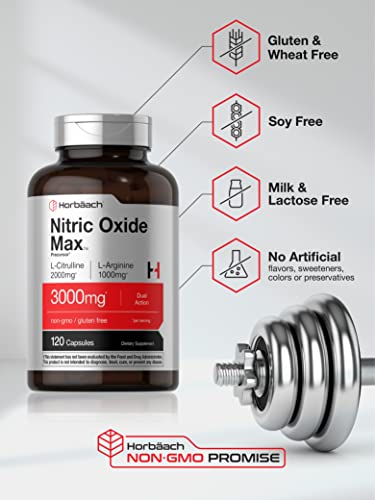 Nitric Oxide Supplement | 3000mg | 120 Capsules | Nitric Oxide Pre Workout with L Arginine and L Citrulline for Men and Women | Non-GMO, Gluten Free Formula | by Horbaach