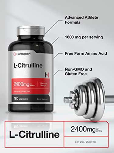 L Citrulline 2400 mg per Serving | 180 Capsules | Maximum Strength, Free Form Amino Acid | Non-GMO, Gluten Free L-Citrulline Supplement | by Horbaach