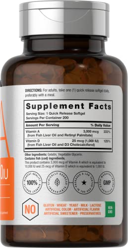 Vitamin A 10000 IU Softgels | 200 Count | with Vitamin D3 | Non-GMO, Gluten Free Supplement | by Horbaach