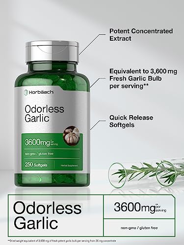 Odorless Garlic Softgels | 250 Count | Ultra Potent Garlic Extract | Non-GMO & Gluten Free Pills | by Horbaach