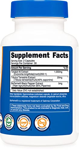 Nutricost Tongkat Ali 1,000mg 60 Capsules - with Tribulus Terrestris and BioPerine, Vegetarian Caps, Non-GMO, Gluten Free, Potent Extract