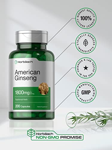 American Ginseng Capsules | 1800 mg | 200 Count | by Horbaach