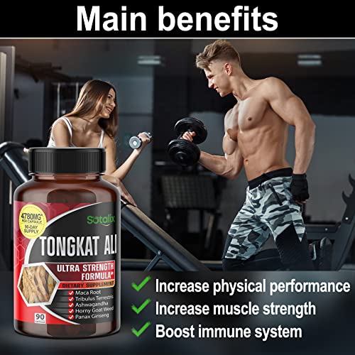 Premium Tongkat Ali 200:1 Extract (Longjack) 4780mg Ultra Potency with Maca Root Ginseng Tribulus Terrestris Ashwagandha - High Strength For Men Women-90 day supply (90 Count (Pack of 1))