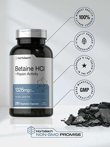 Betaine HCl with Pepsin | 1326mg | 250 Capsules | Betaine Hydrochloride Supplement | with Protease | Non-GMO, Gluten Free, Vegetarian | by Horbaach