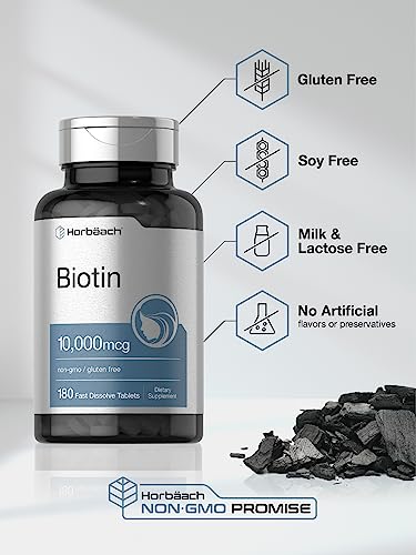 Biotin 10000mcg | 180 Fast Dissolve Tablets | Beauty Formula | Vegetarian Supplement | Non-GMO, Gluten Free | by Horbaach