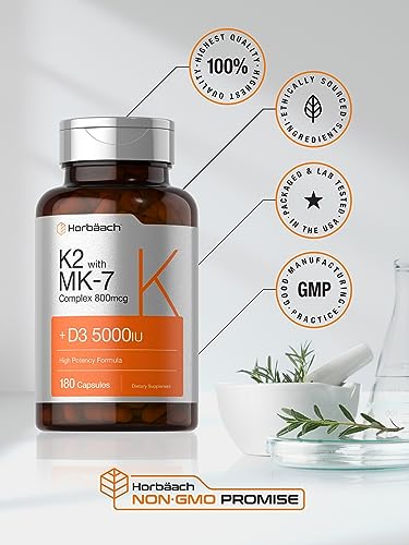 Vitamin D3 K2 | 5000iu of Vitamin D & 800mcg MK-7 Complex | 180 Capsules | Non-GMO & Gluten Free Supplement | by Horbaach