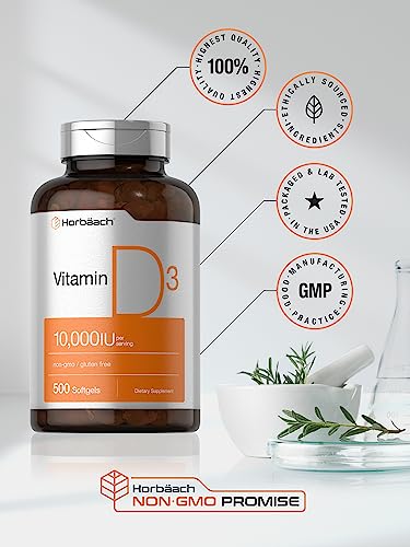 Vitamin D3 10000 IU | 500 Softgels | Non-GMO, Gluten Free Supplement | Value Size | High Potency Formula | 250mcg | by Horbaach