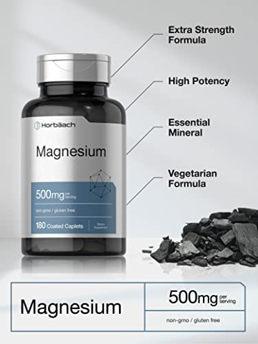 Magnesium 500mg | 180 Caplets | Vegetarian, Non-GMO, and Gluten Free Supplement | by Horbaach