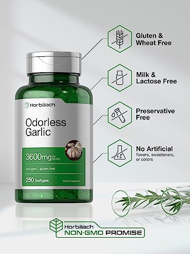 Odorless Garlic Softgels | 250 Count | Ultra Potent Garlic Extract | Non-GMO & Gluten Free Pills | by Horbaach