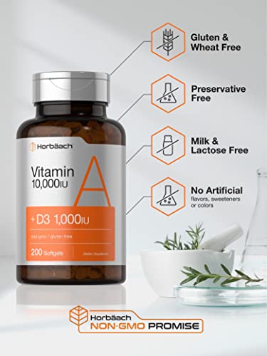 Vitamin A 10000 IU Softgels | 200 Count | with Vitamin D3 | Non-GMO, Gluten Free Supplement | by Horbaach