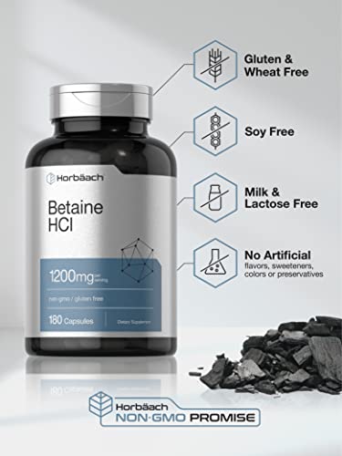 Betaine HCl 1200mg | 180 Capsules | Betaine Hydrochloride Supplement | Non-GMO, Gluten Free | by Horbaach