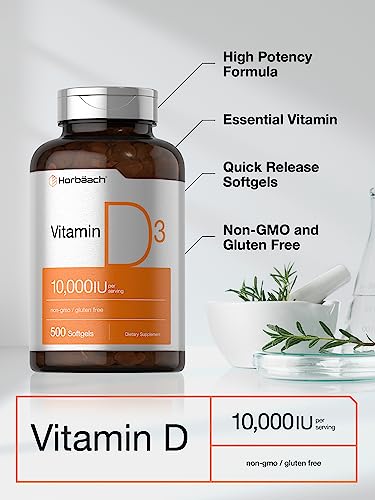 Vitamin D3 10000 IU | 500 Softgels | Non-GMO, Gluten Free Supplement | Value Size | High Potency Formula | 250mcg | by Horbaach