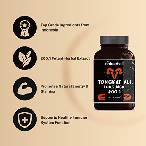 NatureBell Tongkat Ali 200:1 as Long Jack Extract (Eurycoma Longifolia), 1000mg Per Serving, 120 Capsules, Supports Energy, Stamina and Immune System for Men and Women, Indonesia Origin, Non-GMO