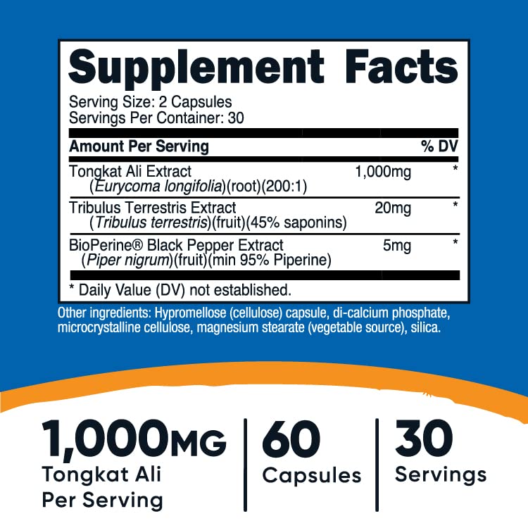 Nutricost Tongkat Ali 1,000mg 60 Capsules - with Tribulus Terrestris and BioPerine, Vegetarian Caps, Non-GMO, Gluten Free, Potent Extract