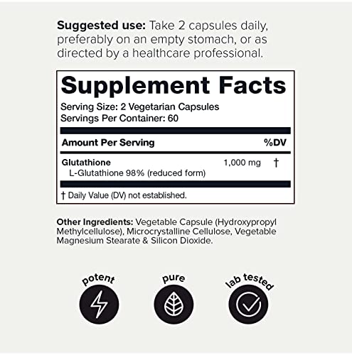 Ultra High Strength Glutathione Capsules - 98%+ Highly Purified and Bioavailable - Third Party Tested - 1000mg Concentrated Formula - Non-GMO Fermentation - 120 Capsules Reduced Glutathione Supplement