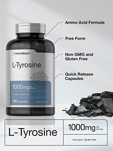 L-Tyrosine Supplement | 1000mg | 180 Capsules | Non-GMO and Gluten Free Formula | by Horbaach