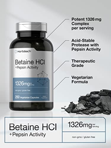 Betaine HCl with Pepsin | 1326mg | 250 Capsules | Betaine Hydrochloride Supplement | with Protease | Non-GMO, Gluten Free, Vegetarian | by Horbaach