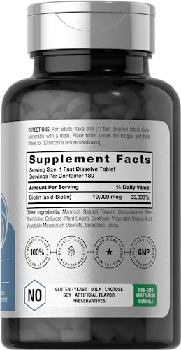 Biotin 10000mcg | 180 Fast Dissolve Tablets | Beauty Formula | Vegetarian Supplement | Non-GMO, Gluten Free | by Horbaach