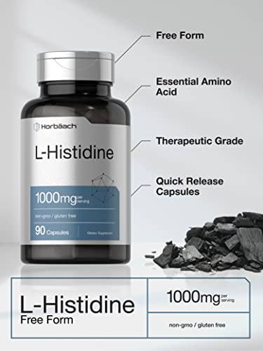 Horbaach L-Histidine 1000mg 90 Capsules | Non-GMO and Gluten Free | Pharmaceutical Grade