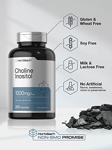 Choline Inositol 1000mg Supplement | 200 Capsules | Non-GMO, Gluten Free | by Horbaach