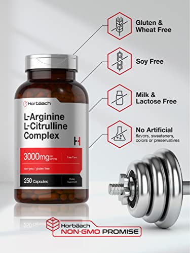 L-Arginine L-Citrulline Complex | 3000mg | 250 Capsules | Non-GMO, Gluten Free Supplement | by Horbaach