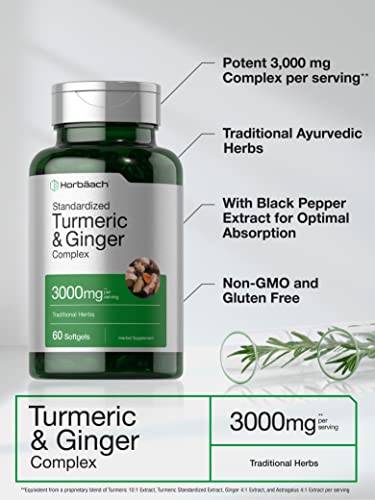 Turmeric and Ginger Supplement 3000 mg | 60 Softgel Capsules | Turmeric Curcumin Complex with Black Pepper Extract | Non-GMO, Gluten Free | by Horbaach