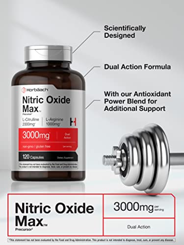 Nitric Oxide Supplement | 3000mg | 120 Capsules | Nitric Oxide Pre Workout with L Arginine and L Citrulline for Men and Women | Non-GMO, Gluten Free Formula | by Horbaach