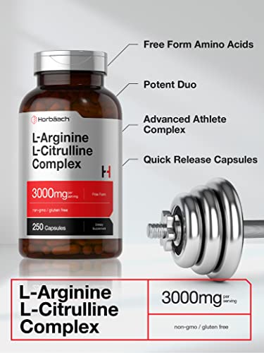 L-Arginine L-Citrulline Complex | 3000mg | 250 Capsules | Non-GMO, Gluten Free Supplement | by Horbaach