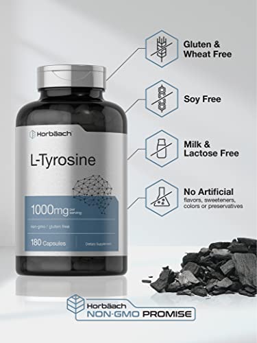 L-Tyrosine Supplement | 1000mg | 180 Capsules | Non-GMO and Gluten Free Formula | by Horbaach