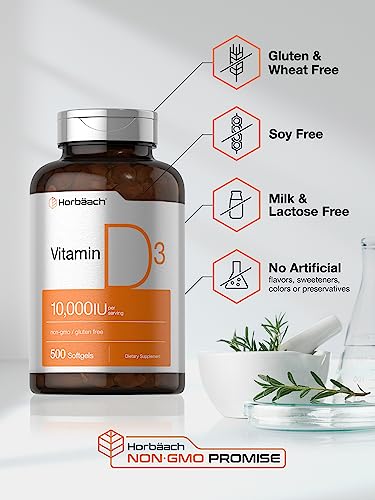 Vitamin D3 10000 IU | 500 Softgels | Non-GMO, Gluten Free Supplement | Value Size | High Potency Formula | 250mcg | by Horbaach