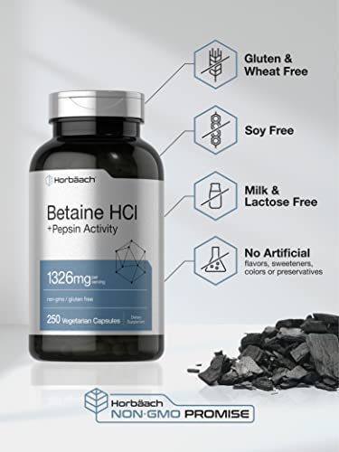 Betaine HCl with Pepsin | 1326mg | 250 Capsules | Betaine Hydrochloride Supplement | with Protease | Non-GMO, Gluten Free, Vegetarian | by Horbaach