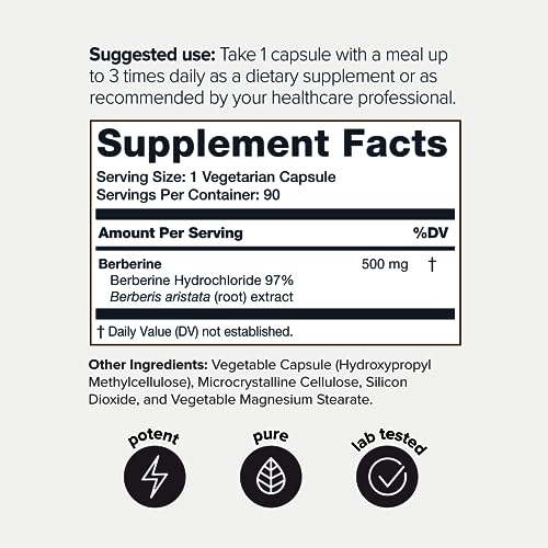 Ultra High Strength Berberine HCl 500mg from The Himalayas - Berberine Supplement - 82:1 Extract - 97% Tested Purity - Wild Harvested - Concentrated Berberine Supplements 500mg- 90 Veggie Capsules