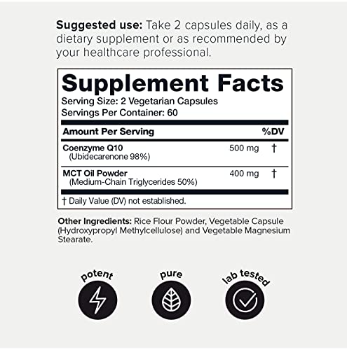 Toniiq 500 mg CoQ10-98% Purified Coenzyme Q10 - with MCT Oil for Added Bioavailability - Highly Purified and Bioavailable Supplement - 120 Veggie Capsules