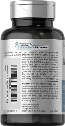 Magnesium 500mg | 180 Caplets | Vegetarian, Non-GMO, and Gluten Free Supplement | by Horbaach