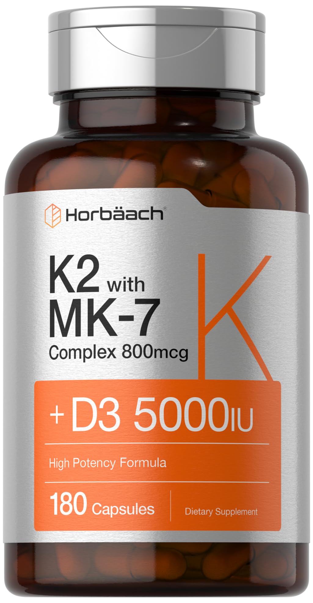 Vitamin D3 K2 | 5000iu of Vitamin D & 800mcg MK-7 Complex | 180 Capsules | Non-GMO & Gluten Free Supplement | by Horbaach