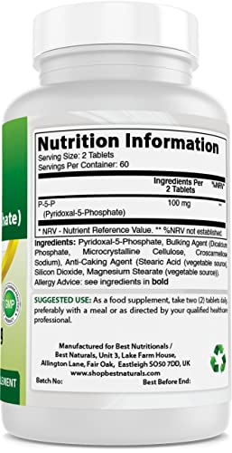 Best Naturals P5P Vitamin B6 (Pyridoxal 5 Phosphate) 100 mg/Serving - 120 Tablets - an Active Form of Vitamin B6