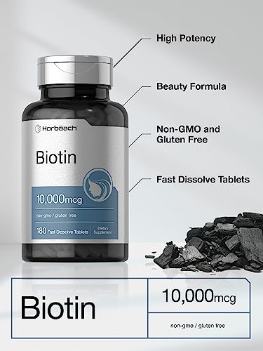 Biotin 10000mcg | 180 Fast Dissolve Tablets | Beauty Formula | Vegetarian Supplement | Non-GMO, Gluten Free | by Horbaach