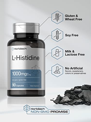 Horbaach L-Histidine 1000mg 90 Capsules | Non-GMO and Gluten Free | Pharmaceutical Grade