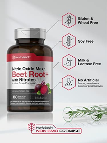 Nitric Oxide Beet Root Capsules | with Nitrates | 180 Count | Nitric Oxide Precursor | Vegetarian, Non-GMO, Gluten Free Supplement | by Horbaach