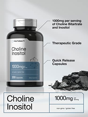 Choline Inositol 1000mg Supplement | 200 Capsules | Non-GMO, Gluten Free | by Horbaach