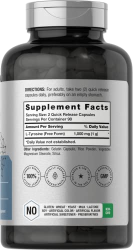 L-Tyrosine Supplement | 1000mg | 180 Capsules | Non-GMO and Gluten Free Formula | by Horbaach