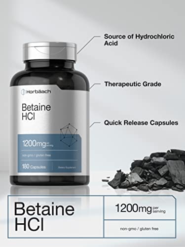 Betaine HCl 1200mg | 180 Capsules | Betaine Hydrochloride Supplement | Non-GMO, Gluten Free | by Horbaach