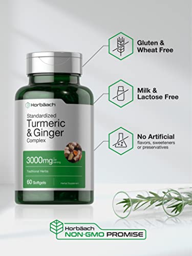 Turmeric and Ginger Supplement 3000 mg | 60 Softgel Capsules | Turmeric Curcumin Complex with Black Pepper Extract | Non-GMO, Gluten Free | by Horbaach